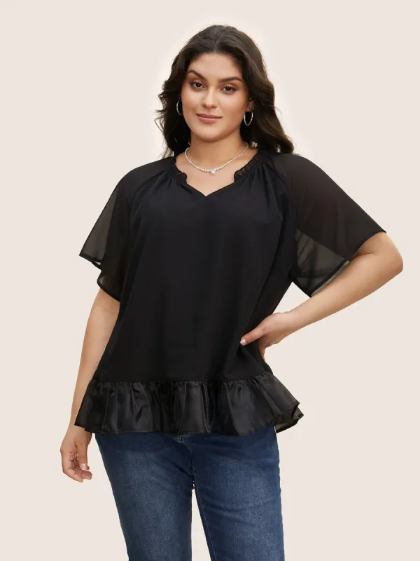 V Neck Meah Patchwork Ruffle Trim Blouse sold by Bloomchic