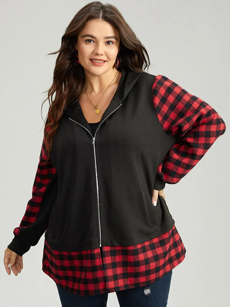 Gingham Patchwork Hooded Zipper Contrast Coat sold by Bloomchic product image thumbnail 5