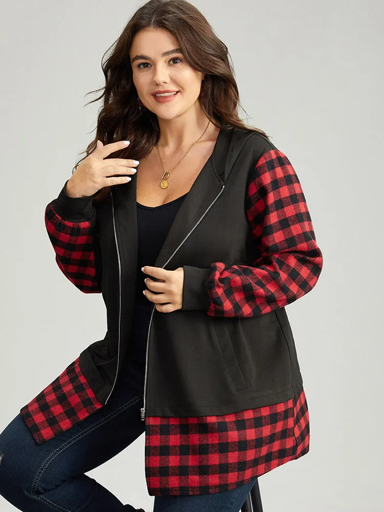 Gingham Patchwork Hooded Zipper Contrast Coat sold by Bloomchic product image thumbnail 2