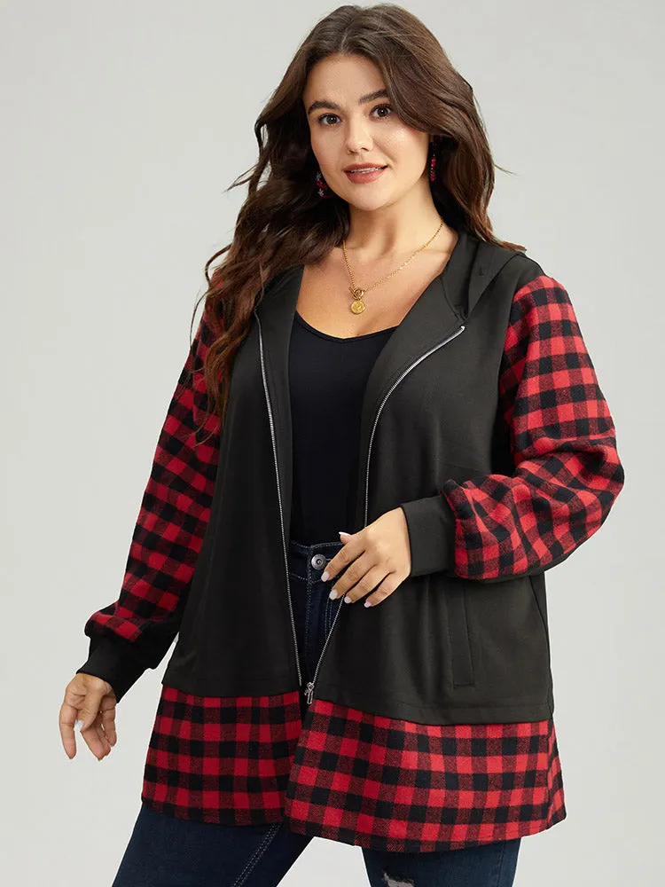 Gingham Patchwork Hooded Zipper Contrast Coat sold by Bloomchic