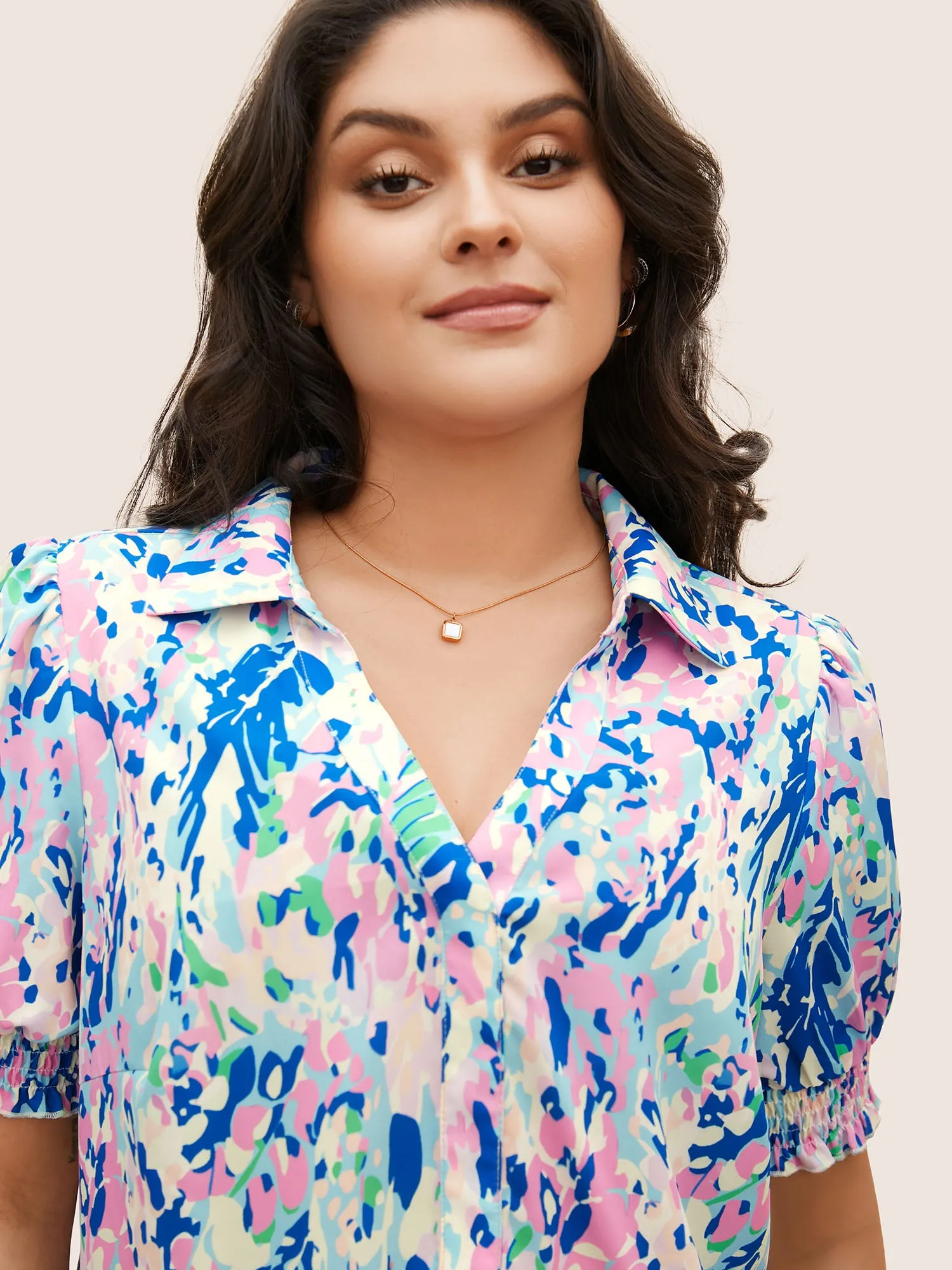 Shirt Collar Watercolor Floral Lantern Sleeve Blouse sold by Bloomchic product image thumbnail 4