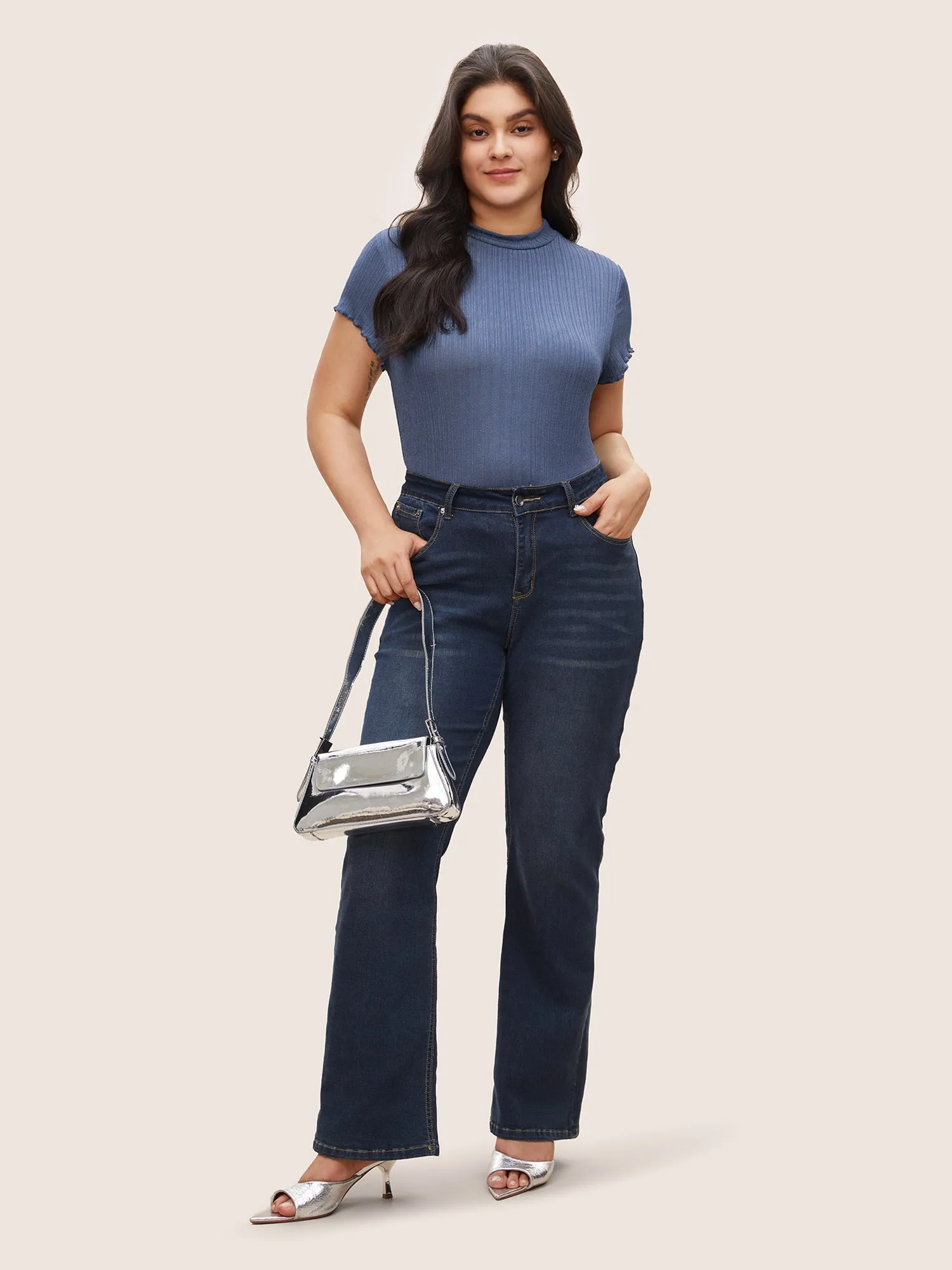 Plain Textured Mock Neck Skinny T-shirt sold by Bloomchic product image thumbnail 3