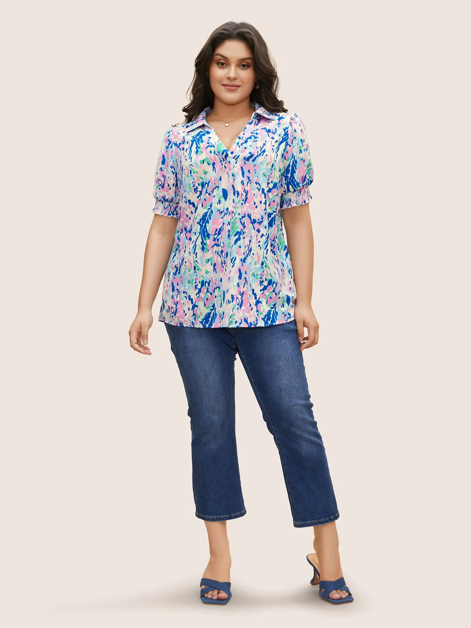 Shirt Collar Watercolor Floral Lantern Sleeve Blouse sold by Bloomchic product image thumbnail 3