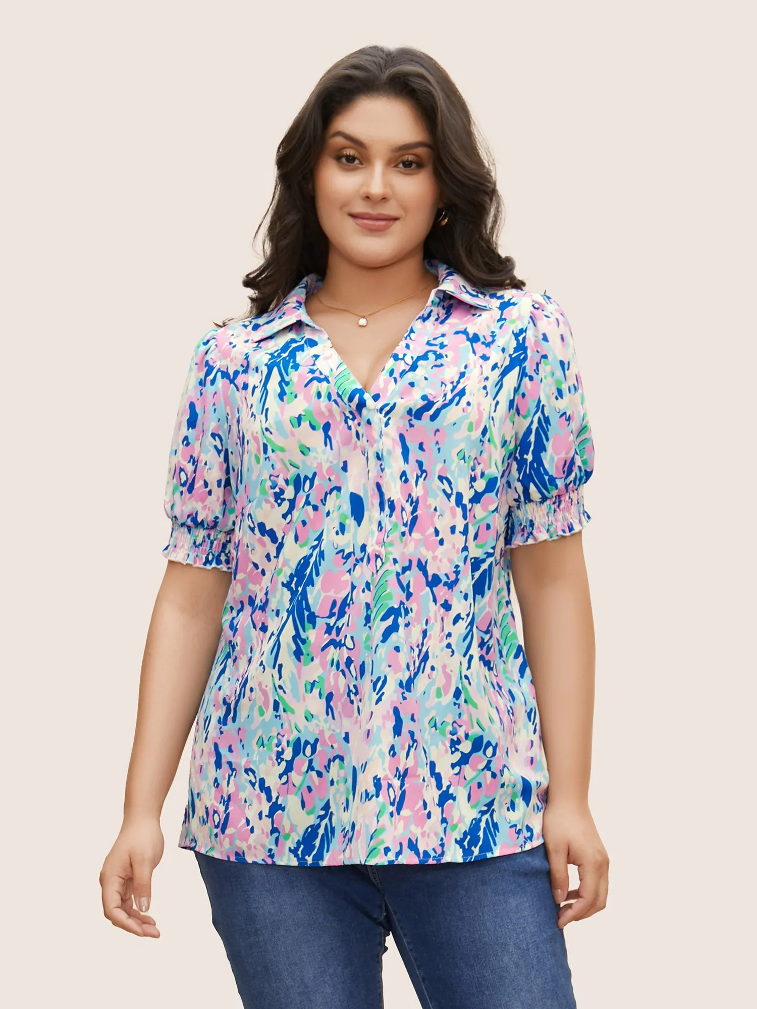 Shirt Collar Watercolor Floral Lantern Sleeve Blouse sold by Bloomchic product image thumbnail 2