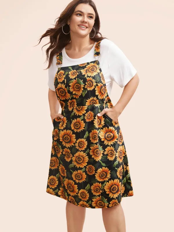 Floral Adjustable Straps Patched Pocket Overall Dress sold by Bloomchic