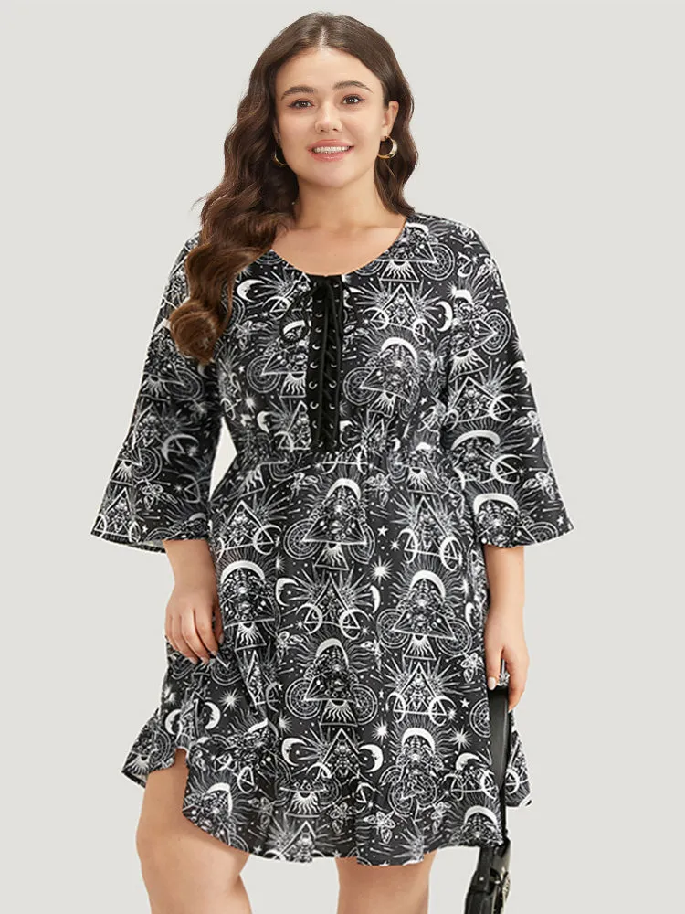 Halloween Moon & Star Lace Up Pocket Bell Sleeve Dress sold by Bloomchic product image thumbnail 2