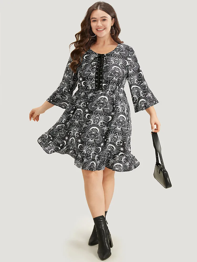 Halloween Moon & Star Lace Up Pocket Bell Sleeve Dress sold by Bloomchic product image thumbnail 3