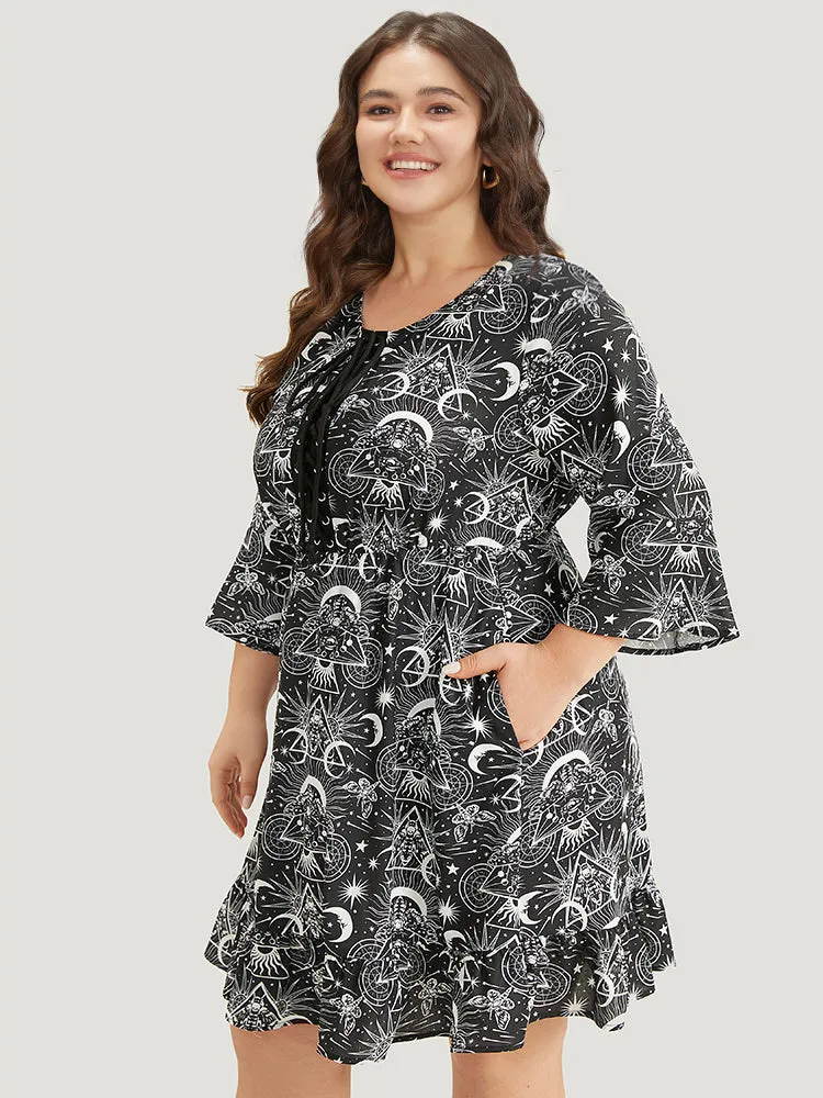Halloween Moon & Star Lace Up Pocket Bell Sleeve Dress sold by Bloomchic product image thumbnail 4