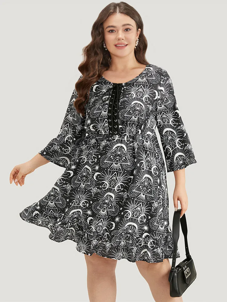 Halloween Moon & Star Lace Up Pocket Bell Sleeve Dress sold by Bloomchic