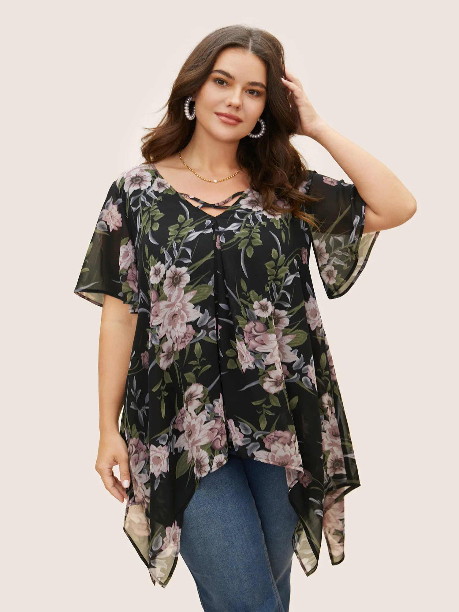 Chiffon Floral Crisscross Hanky Hem Blouse sold by Bloomchic