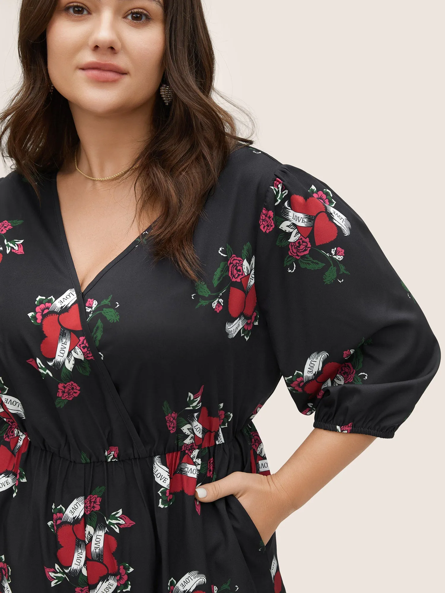 Floral Elastic Waist Overlap Collar Gathered Jumpsuit sold by Bloomchic product image thumbnail 4