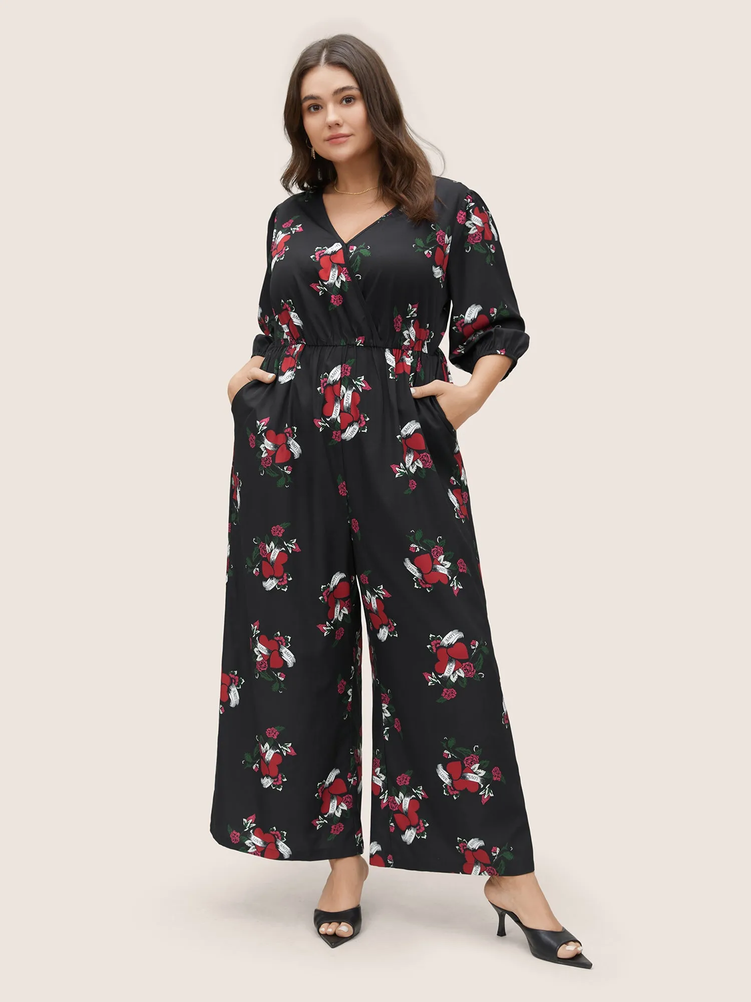 Floral Elastic Waist Overlap Collar Gathered Jumpsuit sold by Bloomchic