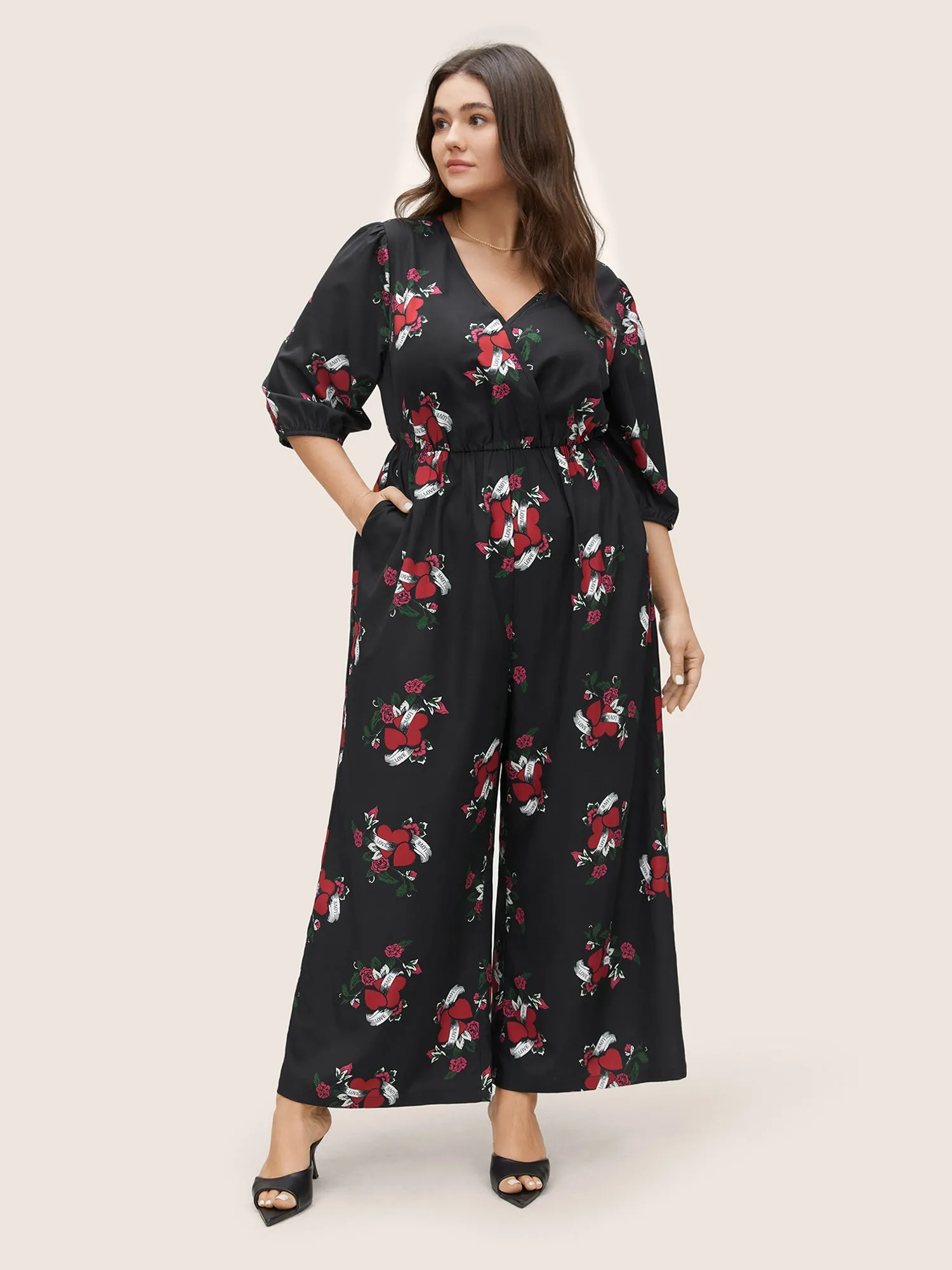 Floral Elastic Waist Overlap Collar Gathered Jumpsuit sold by Bloomchic product image thumbnail 2