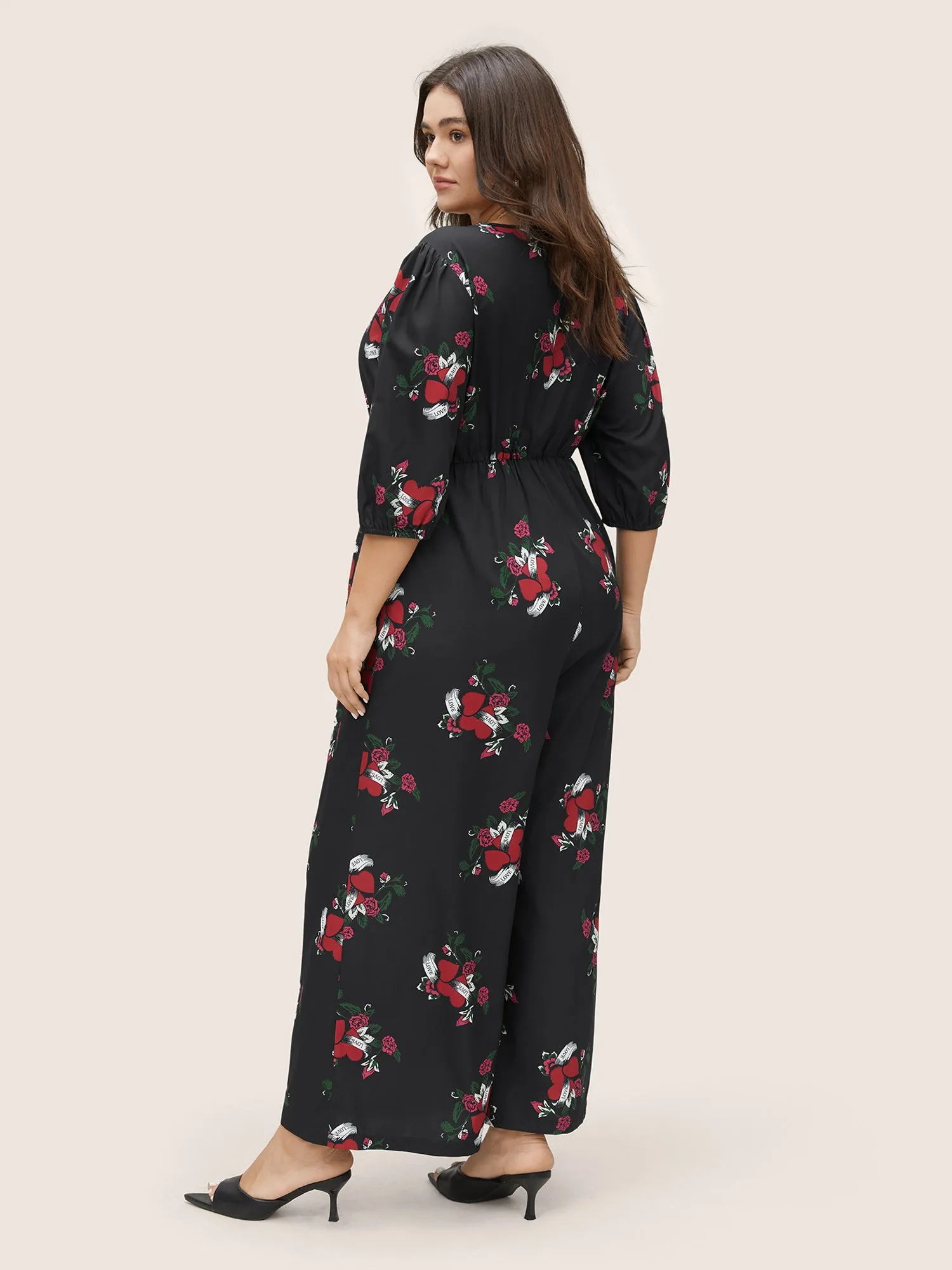 Floral Elastic Waist Overlap Collar Gathered Jumpsuit sold by Bloomchic product image thumbnail 3