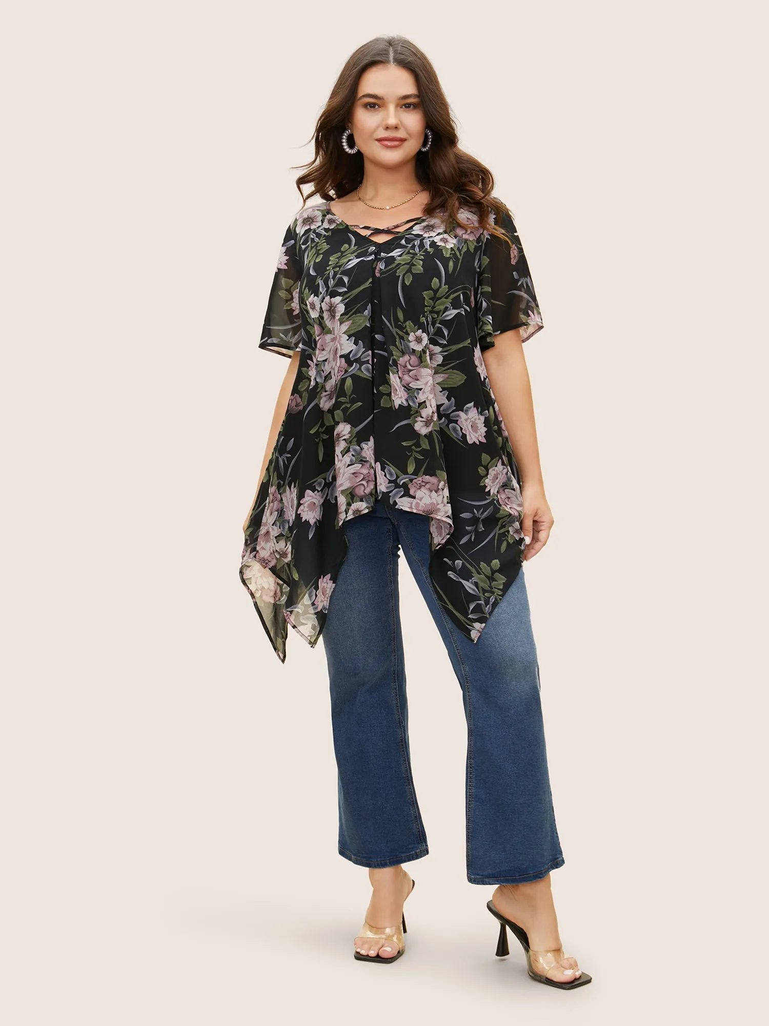 Chiffon Floral Crisscross Hanky Hem Blouse sold by Bloomchic product image thumbnail 2