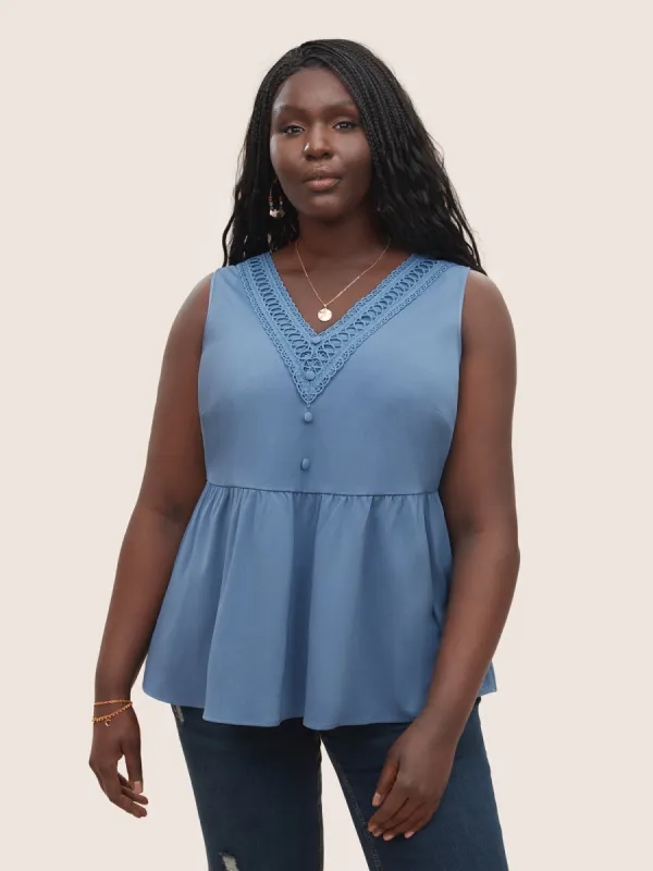 Solid Lace Patchwork Gathered Tank Top sold by Bloomchic