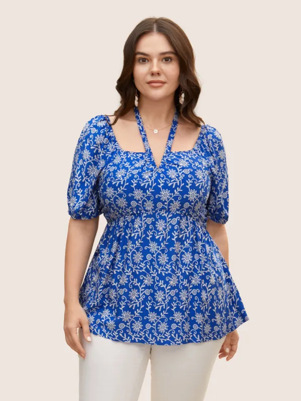 Bandana Print Notched Collar Lantern Sleeve Blouse sold by Bloomchic