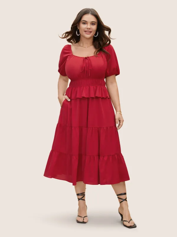 Heart Neckline Bowknot Ruffle Trim Midi Dress made by Bloomchic