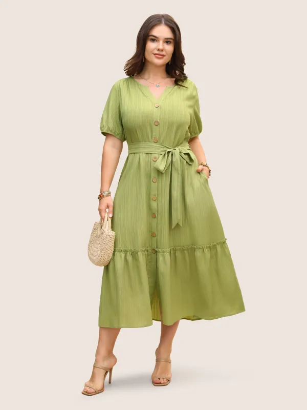 Plain Textured Belted Frill Trim Lantern Sleeve Dress sold by Bloomchic