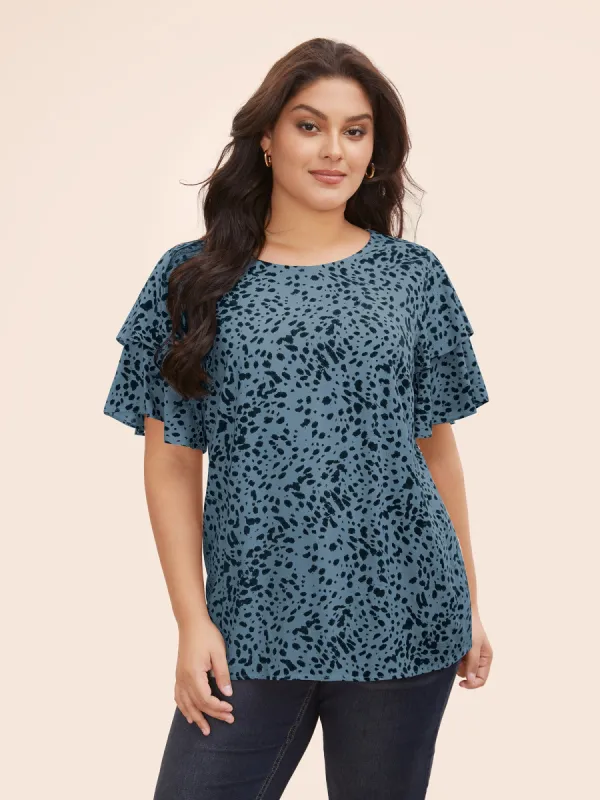 Leopard Crew Neck Ruffle Tiered Sleeve Blouse sold by Bloomchic