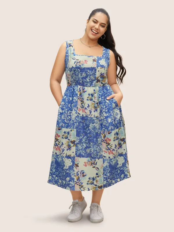 Patchwork Floral Square Neck Elastic Waist Midi Dress sold by Bloomchic