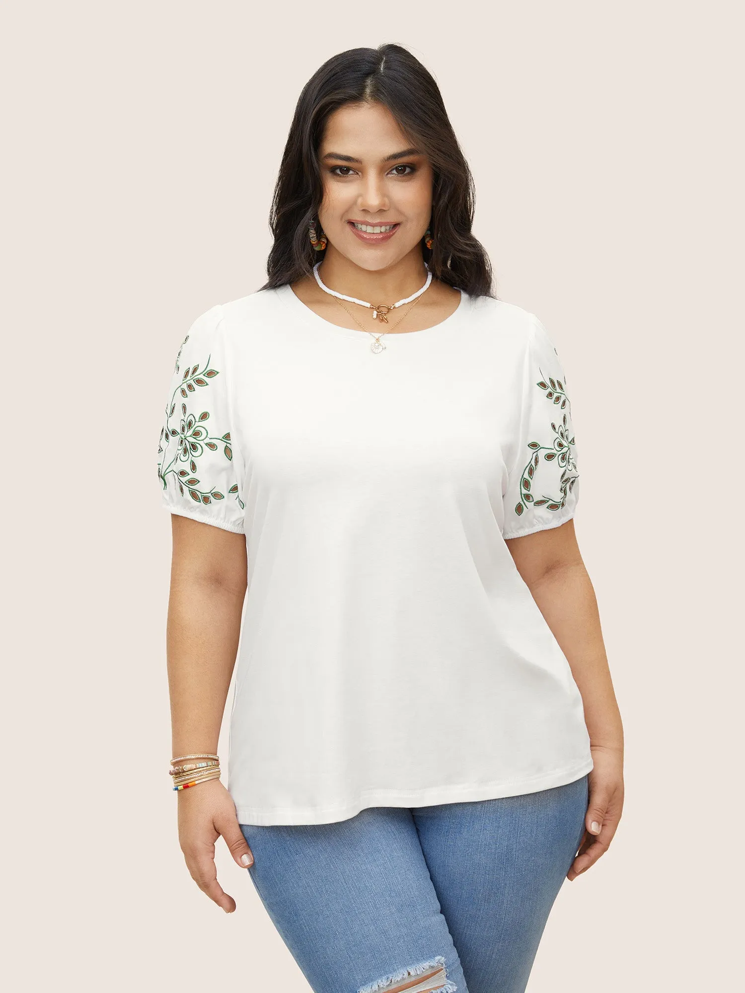 Floral Embroidered Round Neck Cut Out T-shirt sold by Bloomchic