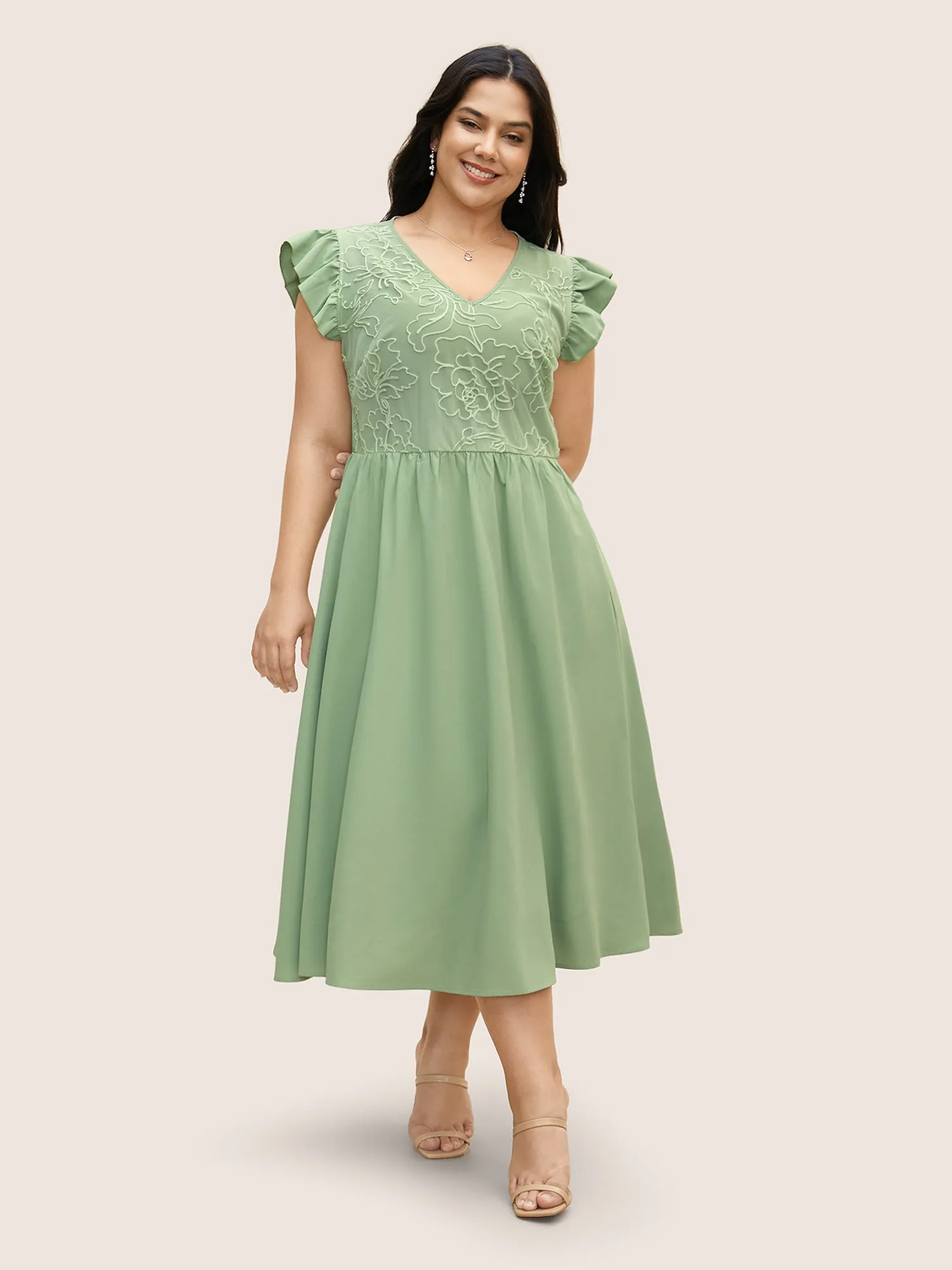 Synthetic Texture Ruffle Cap Sleeve Dress sold by Bloomchic