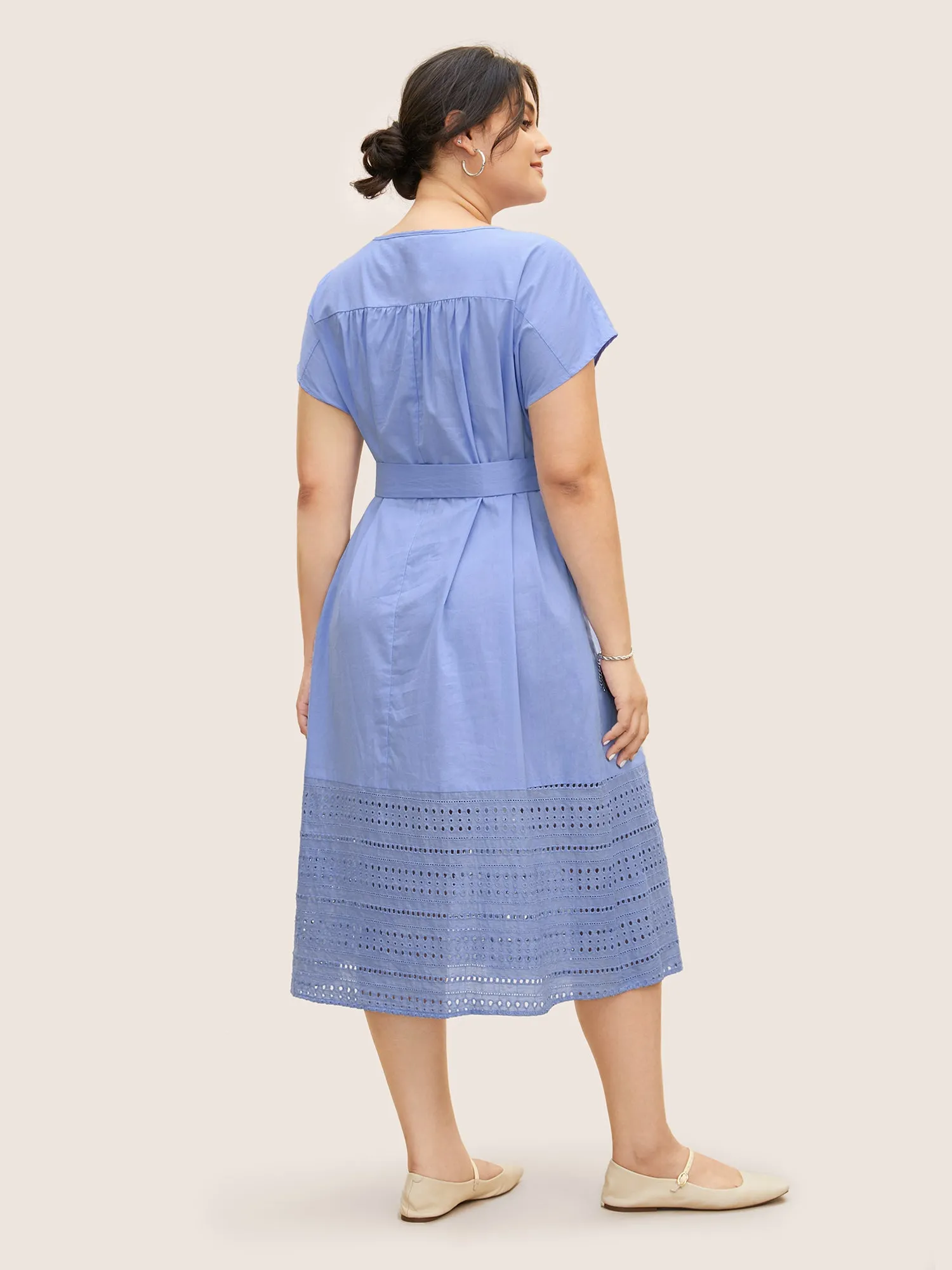 Solid Dolman Sleeve Broderie Anglaise Belted Dress sold by Bloomchic product image thumbnail 3