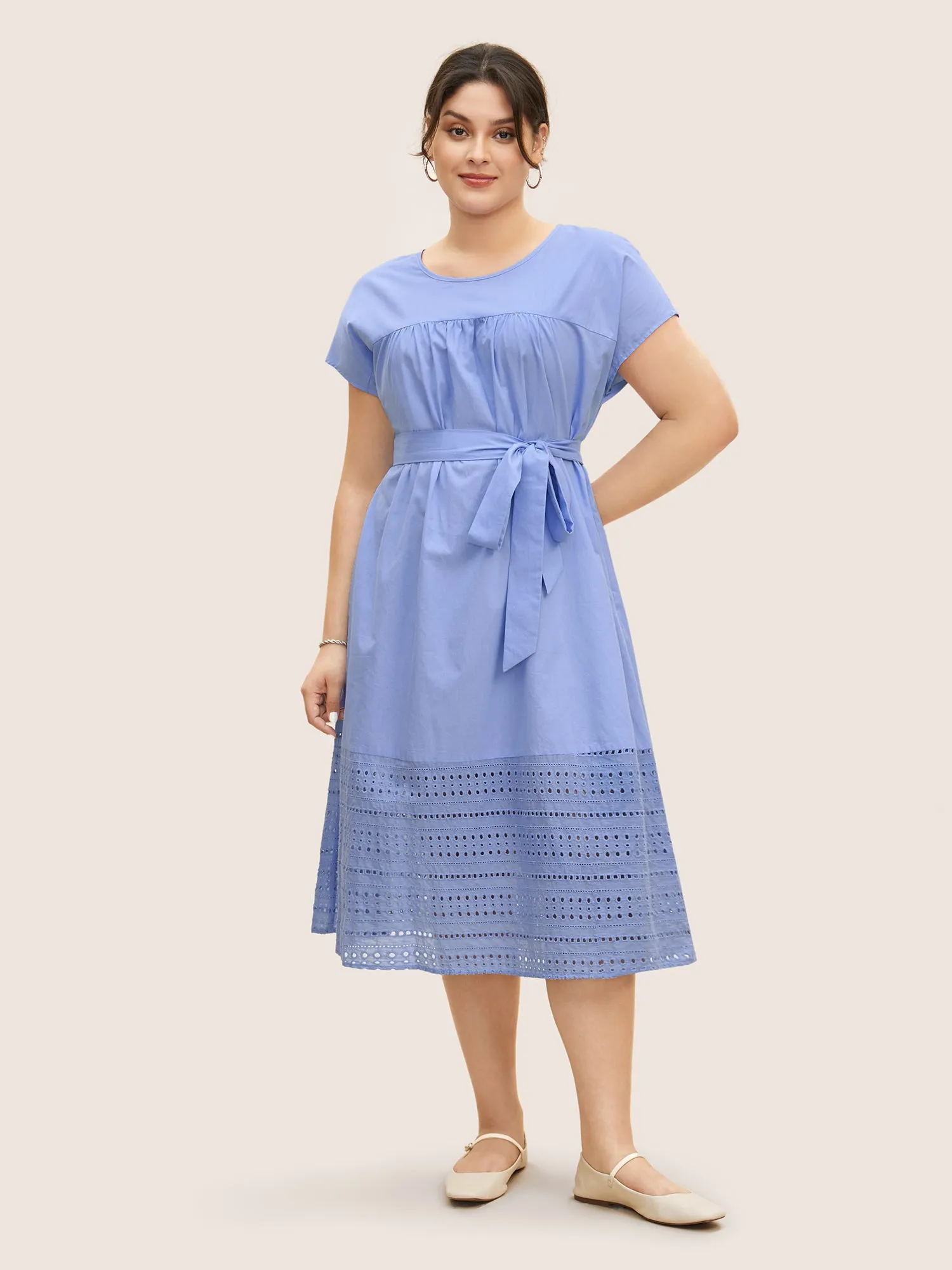 Solid Dolman Sleeve Broderie Anglaise Belted Dress sold by Bloomchic product image thumbnail 2