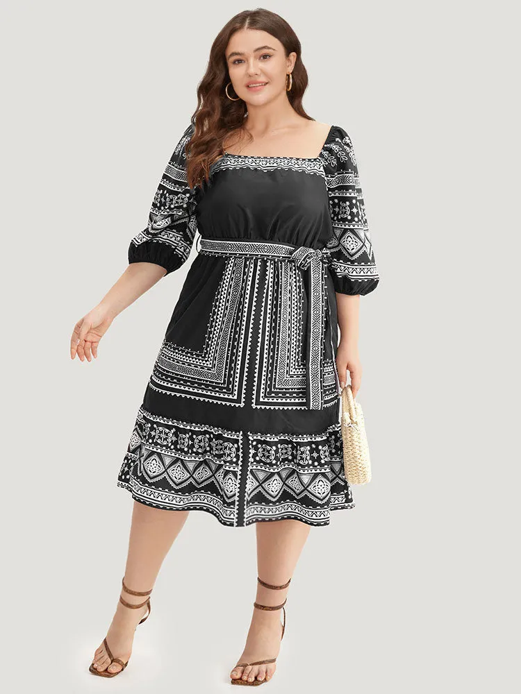 Boho Print Square Neck Belted Dress sold by Bloomchic