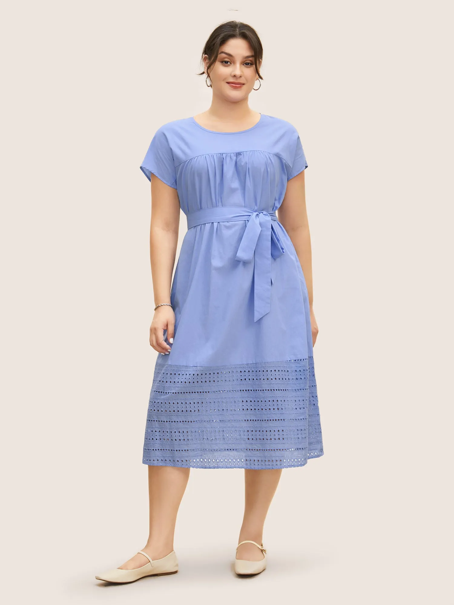 Solid Dolman Sleeve Broderie Anglaise Belted Dress sold by Bloomchic