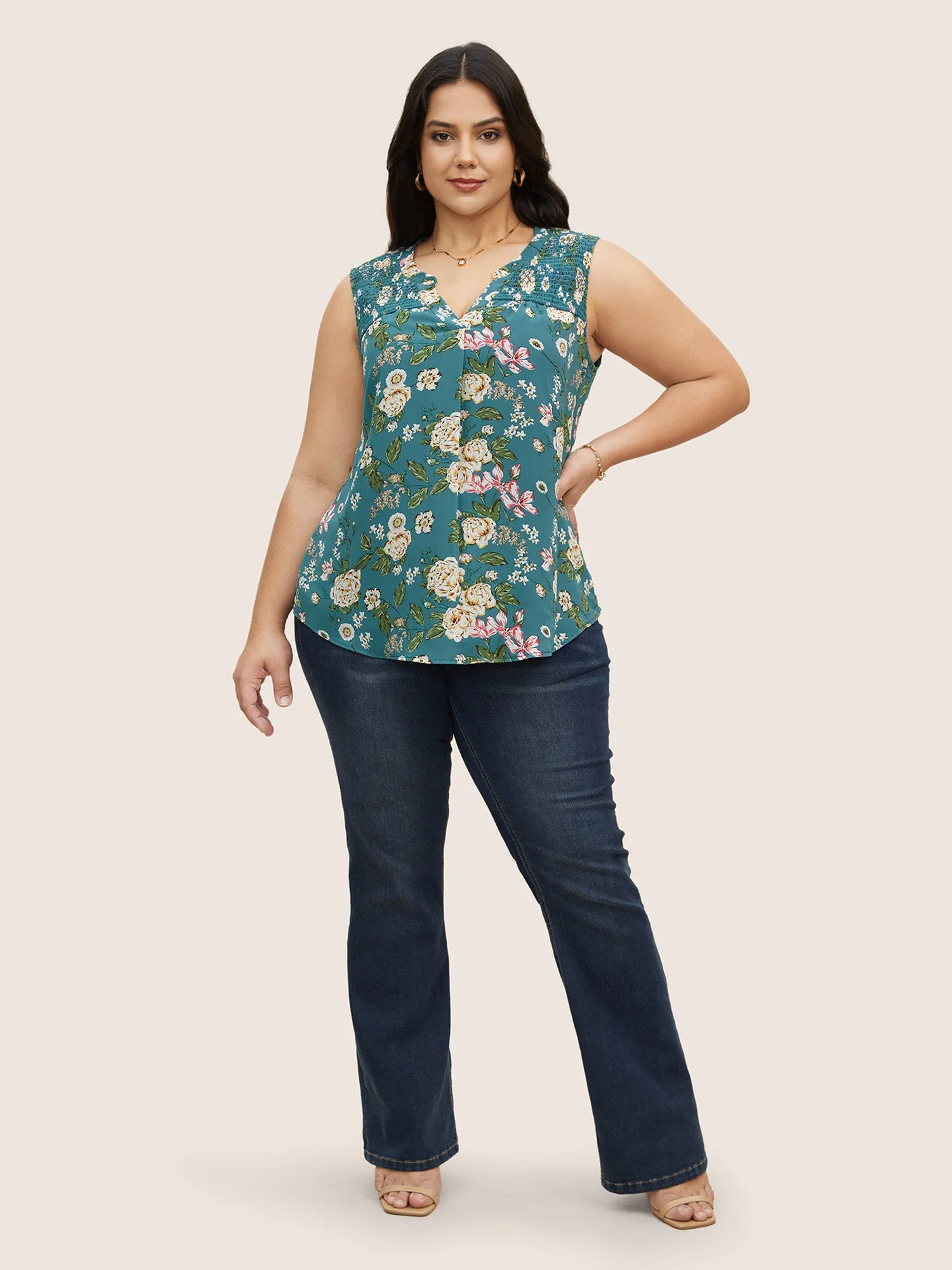 Notched Collar Floral Print Shirred Tank Top sold by Bloomchic product image thumbnail 2