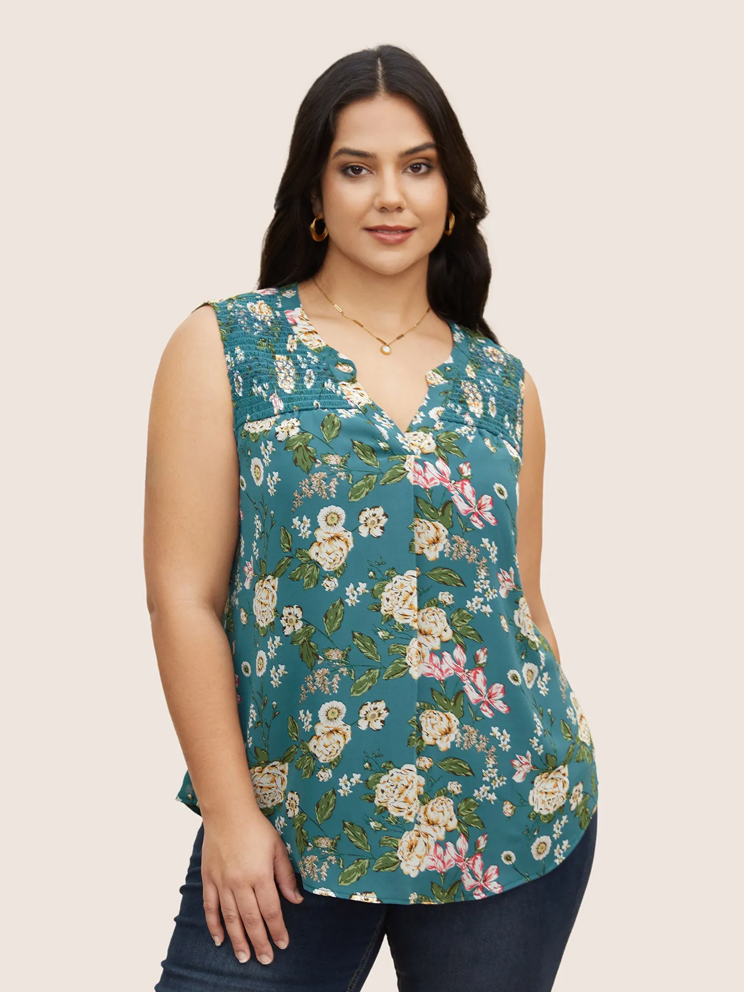 Notched Collar Floral Print Shirred Tank Top sold by Bloomchic