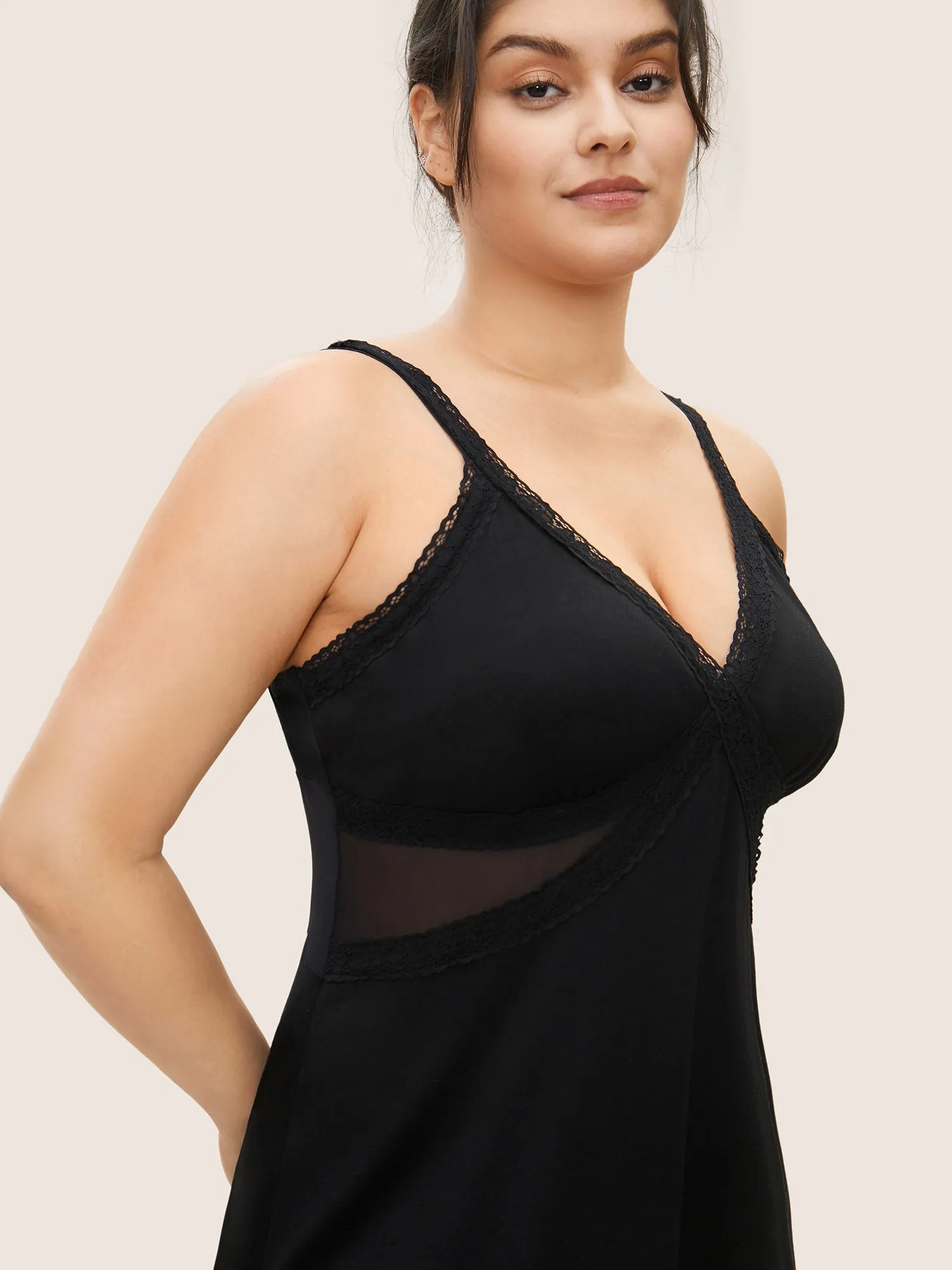 Lace Panel Deep V Neck See Through Sleep Dress sold by Bloomchic product image thumbnail 3