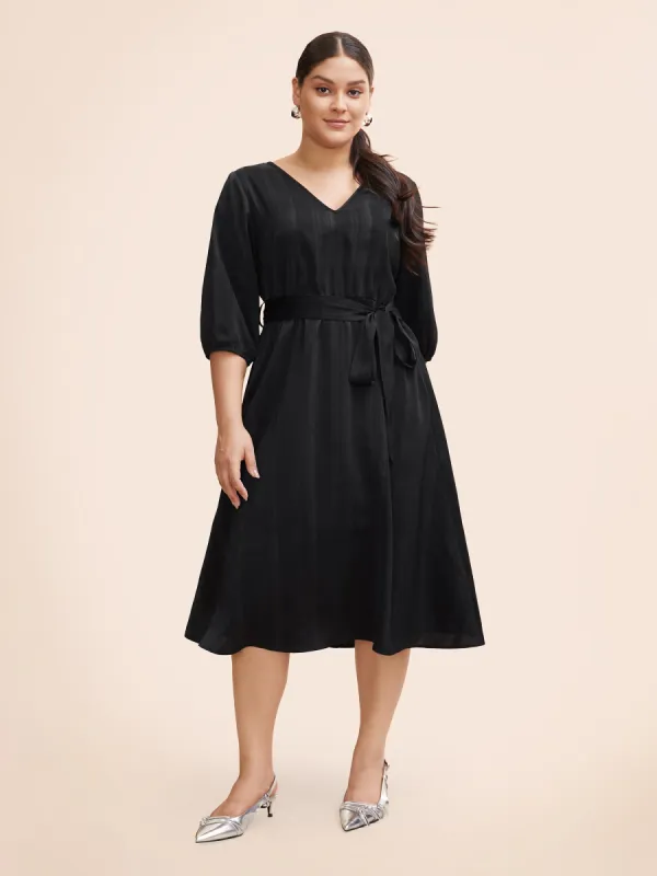 Texture Lantern Sleeve Belted Midi Dress sold by Bloomchic