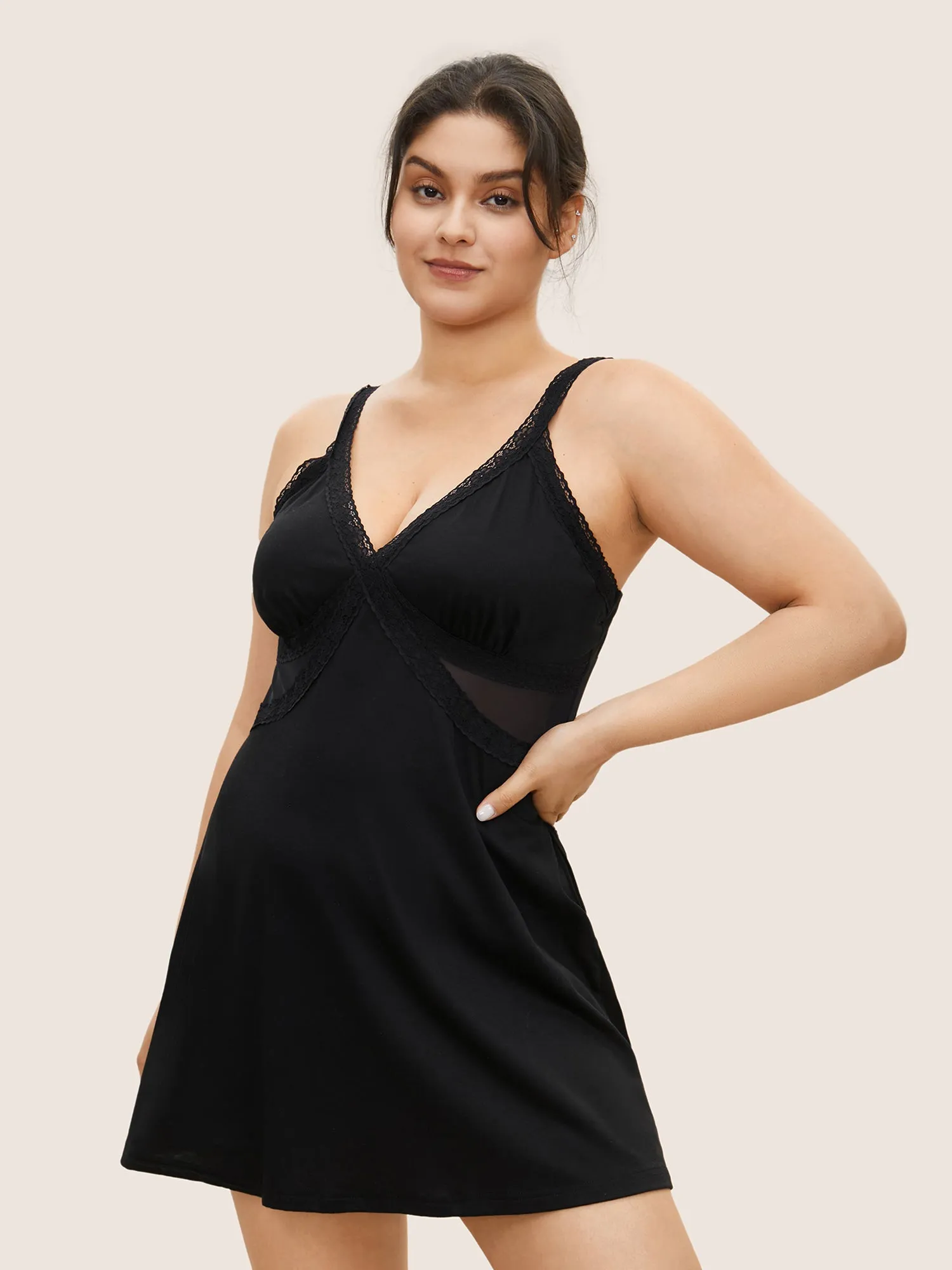 Lace Panel Deep V Neck See Through Sleep Dress sold by Bloomchic