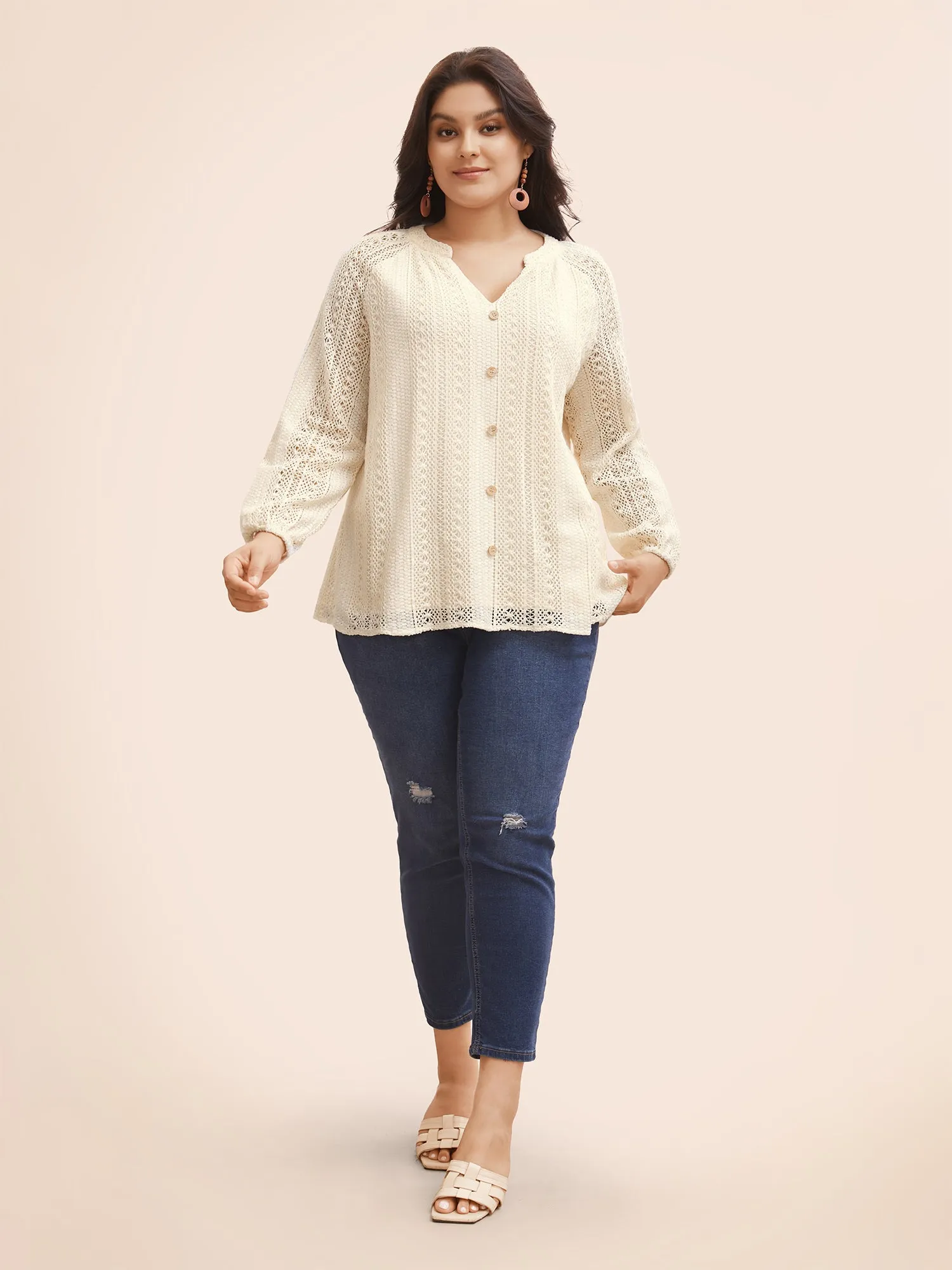 Notched Crochet Lace Raglan Sleeve Blouse sold by Bloomchic product image thumbnail 2