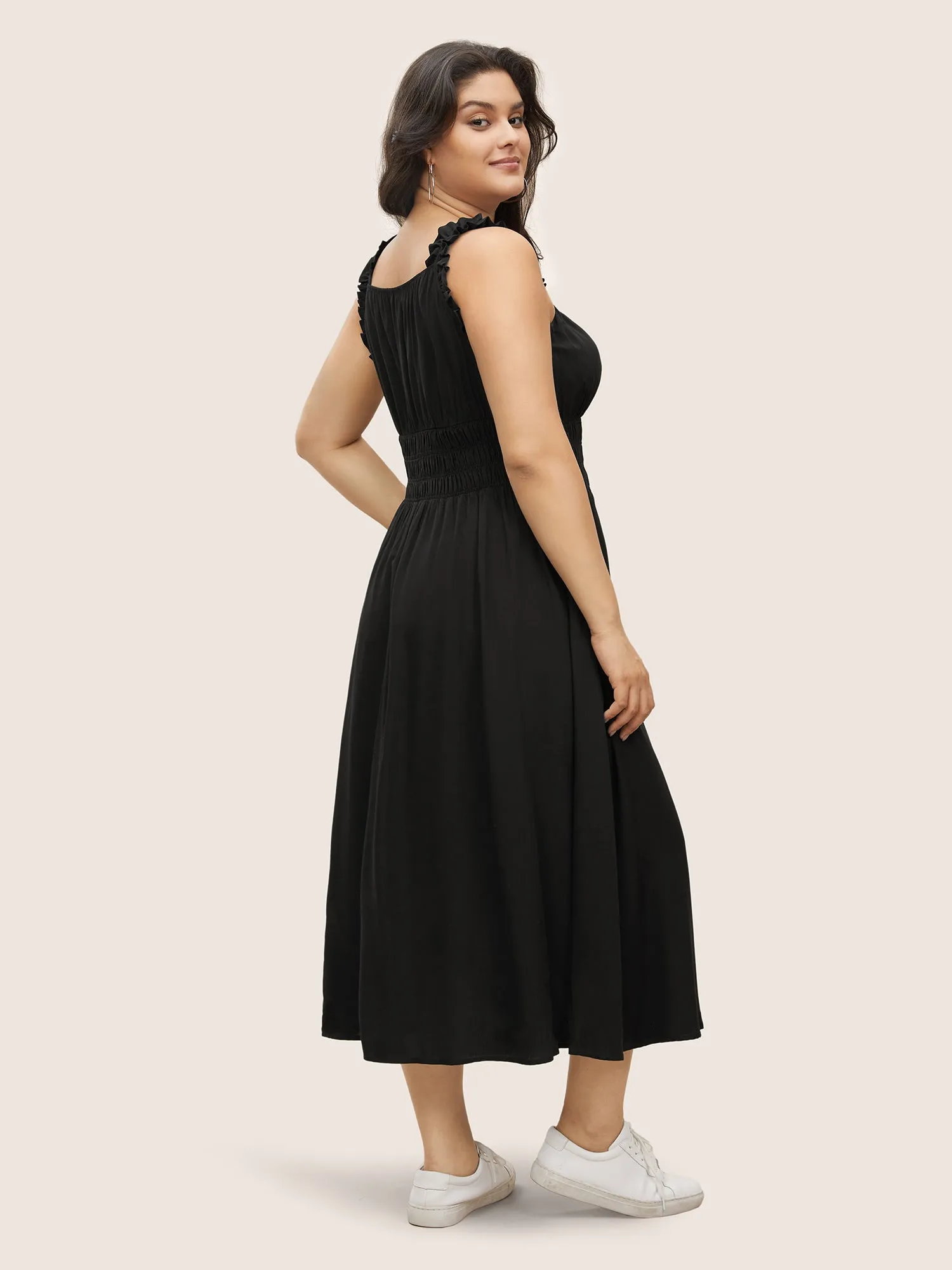 Plain Gathered Elastic Waist Ruffle Trim Dress sold by Bloomchic product image thumbnail 4