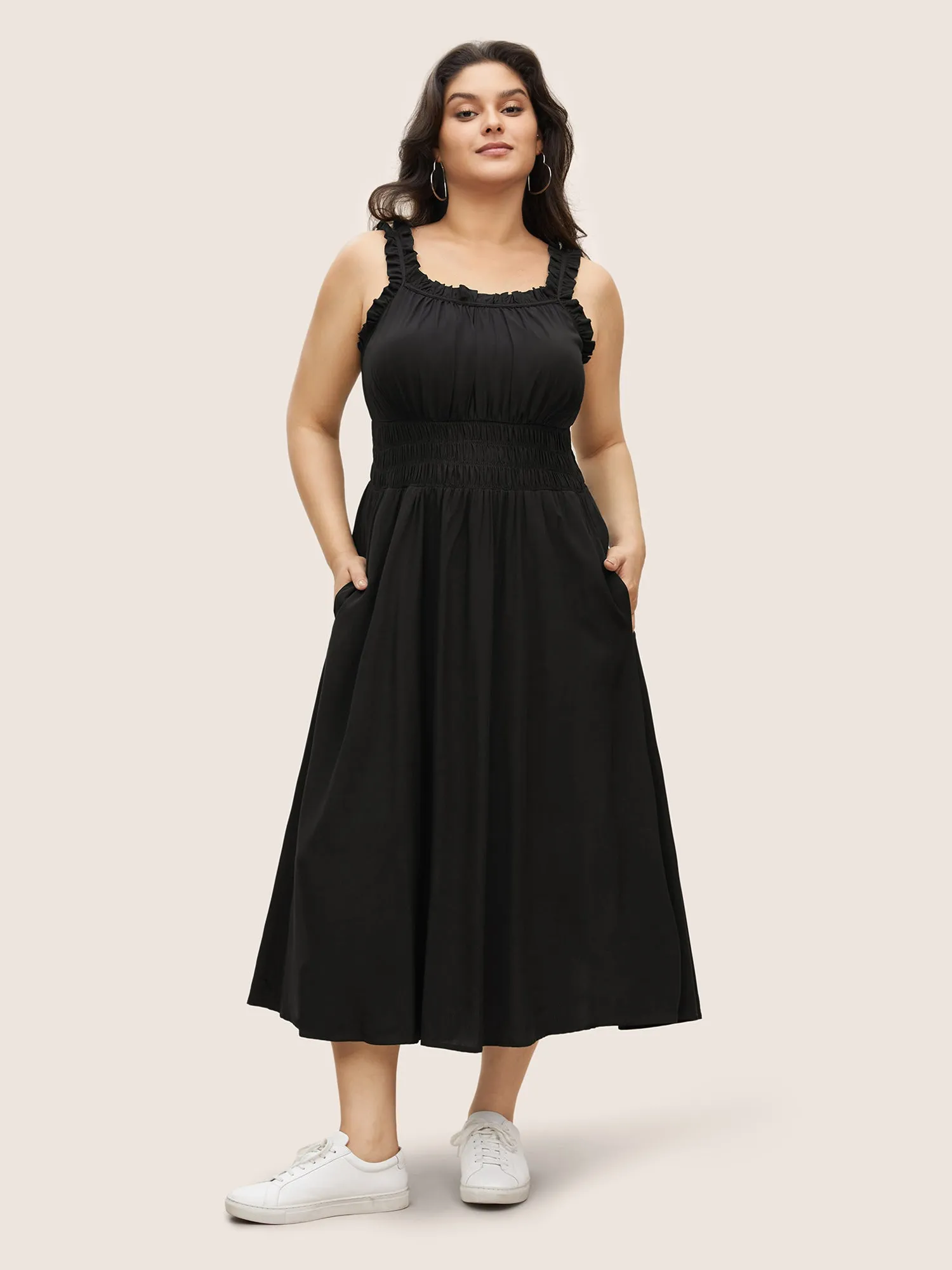 Plain Gathered Elastic Waist Ruffle Trim Dress sold by Bloomchic