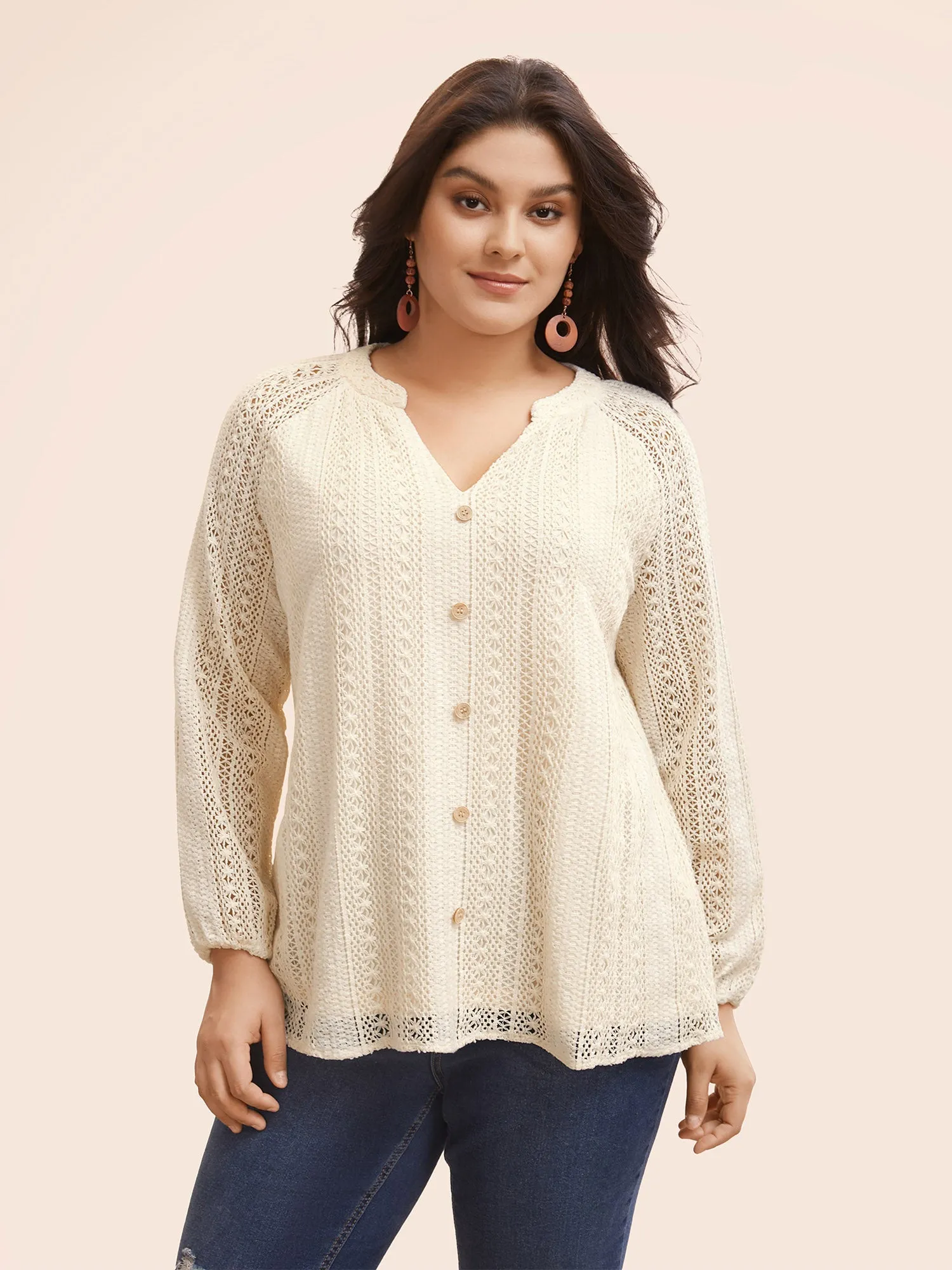 Notched Crochet Lace Raglan Sleeve Blouse sold by Bloomchic