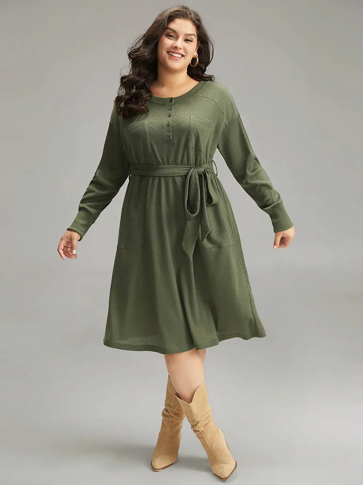 Plain Textured Belted Button Up Dress sold by Bloomchic
