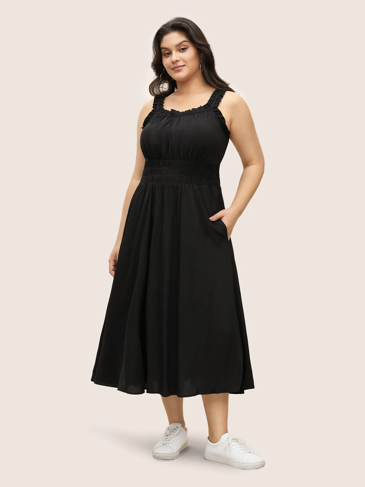 Plain Gathered Elastic Waist Ruffle Trim Dress sold by Bloomchic product image thumbnail 3
