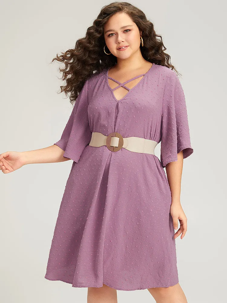 Plain Textured Plicated Detail Crisscross Ruffle Sleeve Dress sold by Bloomchic product image thumbnail 2