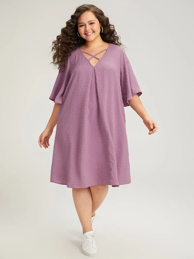 Plain Textured Plicated Detail Crisscross Ruffle Sleeve Dress sold by Bloomchic product image thumbnail 3