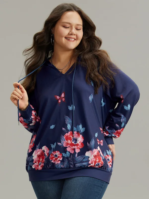 Floral & Butterfly Print Hooded Drawstring Sweatshirt sold by Bloomchic