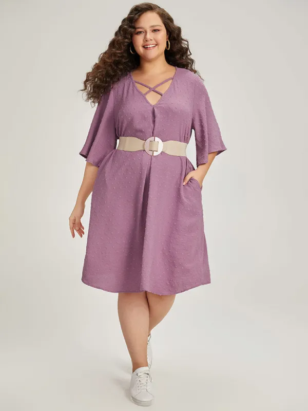 Plain Textured Plicated Detail Crisscross Ruffle Sleeve Dress sold by Bloomchic