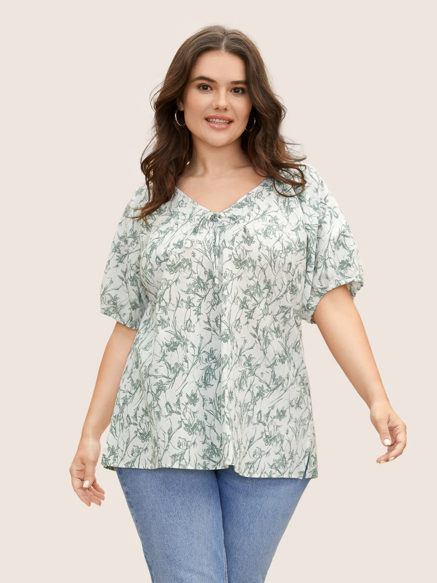 Linen Blend Natural Flowers Tie Knot Blouse sold by Bloomchic