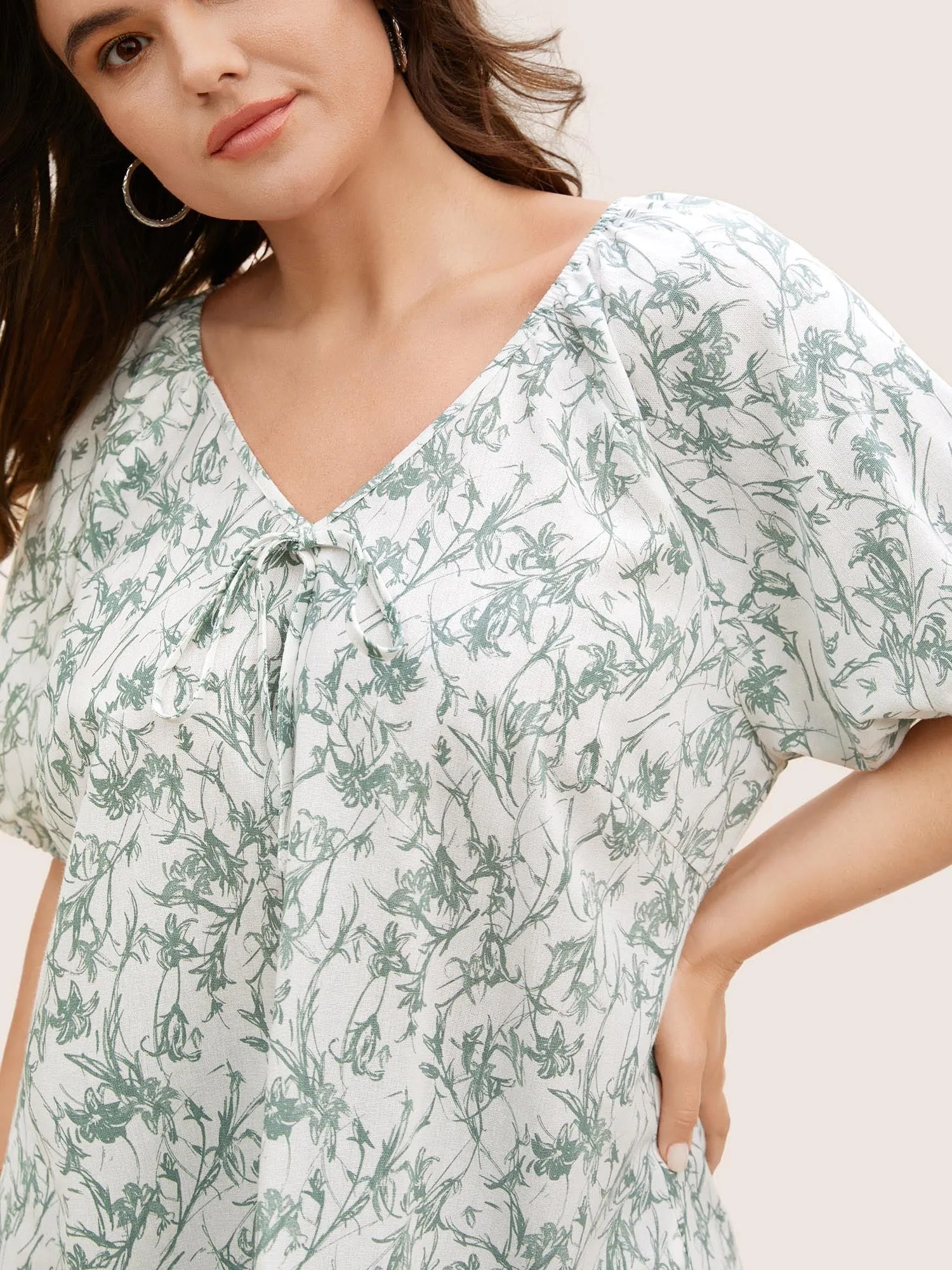 Linen Blend Natural Flowers Tie Knot Blouse sold by Bloomchic product image thumbnail 3