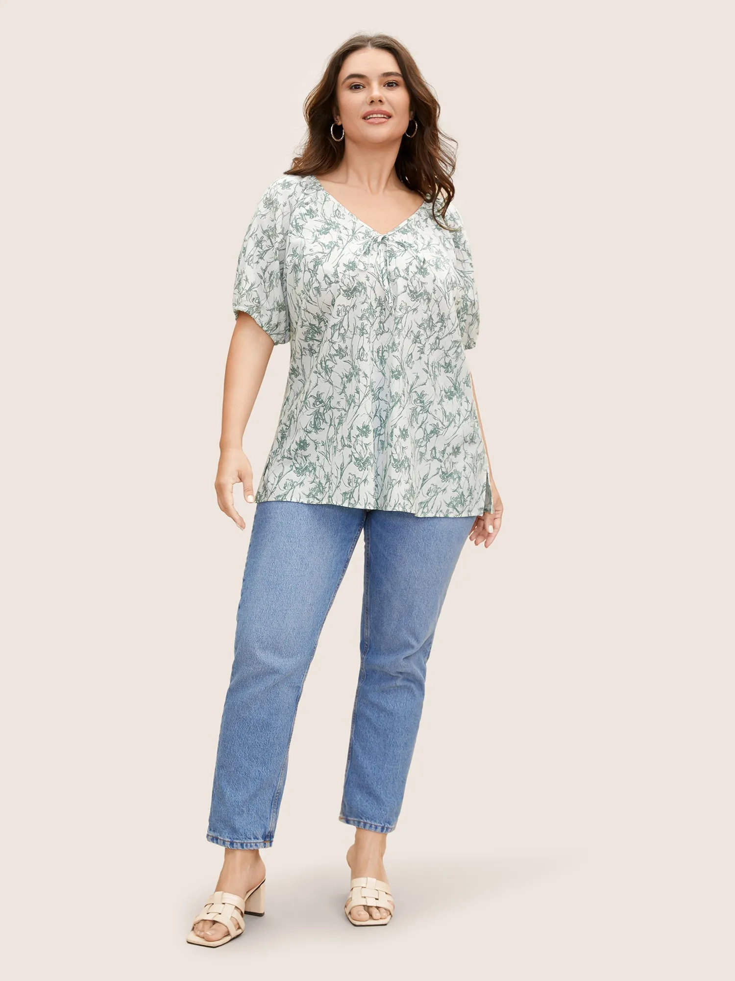 Linen Blend Natural Flowers Tie Knot Blouse sold by Bloomchic product image thumbnail 2