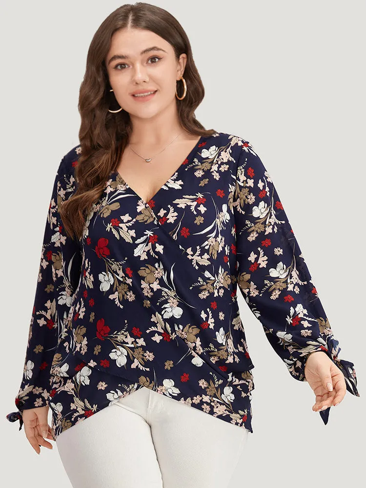 Floral V Neck Wrap Twist Sleeve Blouse sold by Bloomchic